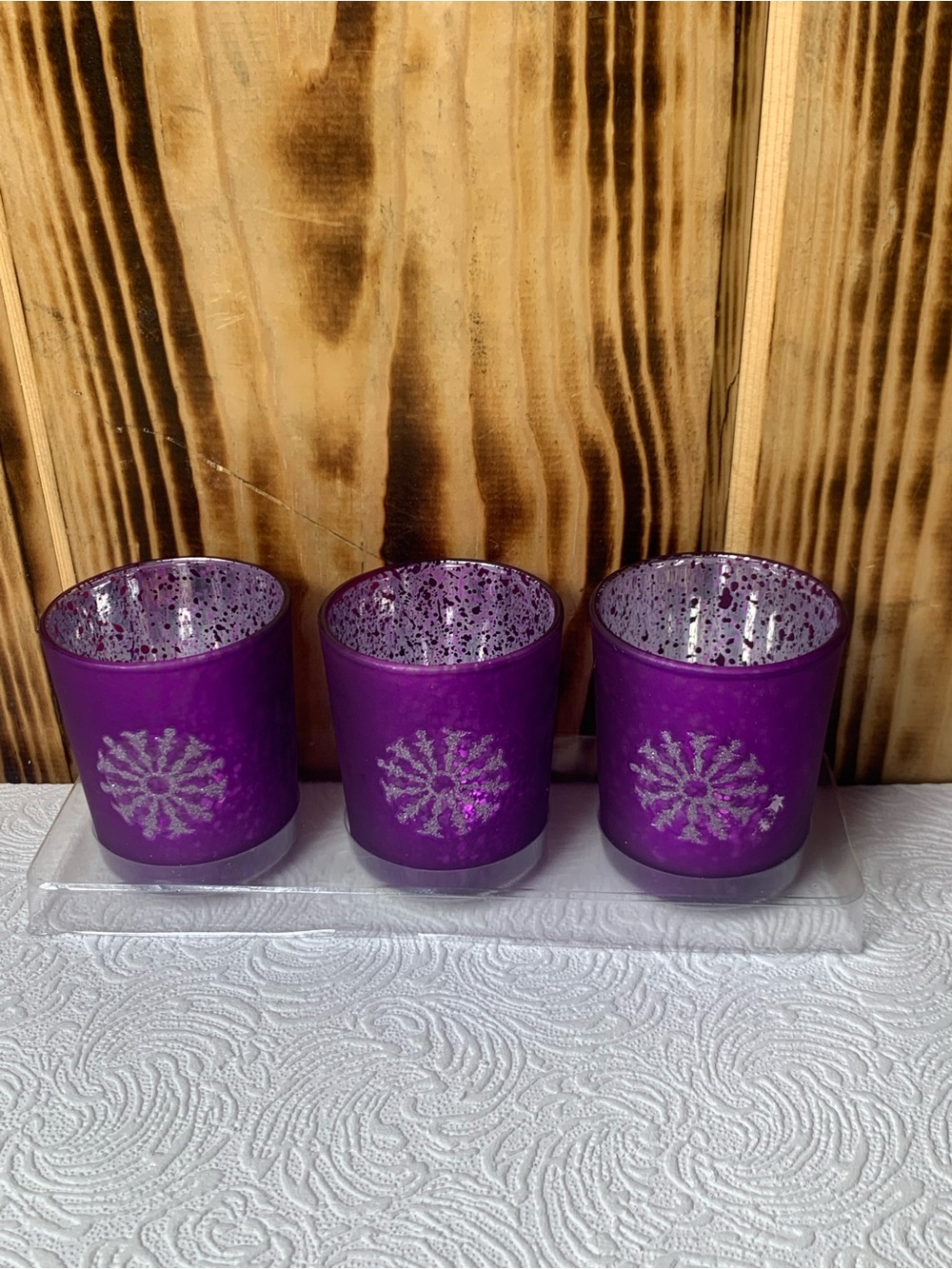 Set of 3 Purple Glass Tealight Candle Holders Silver Snowflake Decor